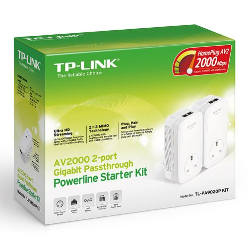 TP-LINK (TL-PA9020P KIT) AV2000 GB Powerline Adapter Kit, AC Pass Through, 2 Ports