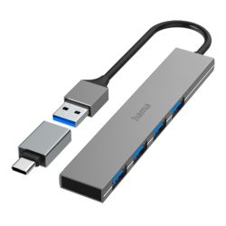 Hama Ultra-Slim External 4 Port 3.2 Gen1 Hub, 4x USB-A, USB Powered, USB-C Adapter