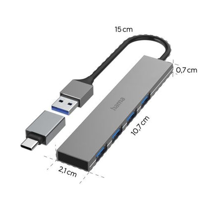 Hama Ultra-Slim External 4 Port 3.2 Gen1 Hub, 4x USB-A, USB Powered, USB-C Adapter