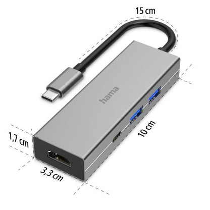 Hama 4-Port USB-C 3.2 Gen1 Hub w/ HDMI, 2x USB-A, 1x USB-C, 1x HDMI, Aluminium