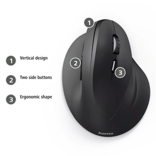 Hama Vertical Ergonomic EMC-500 Wired Optical Mouse, 6 Buttons, 1000-1800 DPI, Black *Right Handed version*