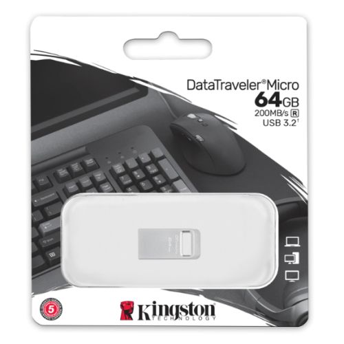 Kingston 64GB DataTraveler Micro Ultra-Small USB 3.2 Gen1 Memory Pen, Capless, Metal Casing, 200MB/s