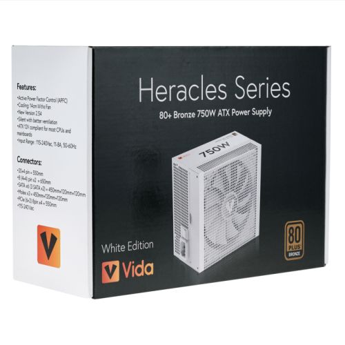 Vida 750W Heracles White ATX Gaming PSU, 80+ Bronze, 14cm Ultra-Quiet FDM Fan, Flat White Cables, Power Lead Not Included