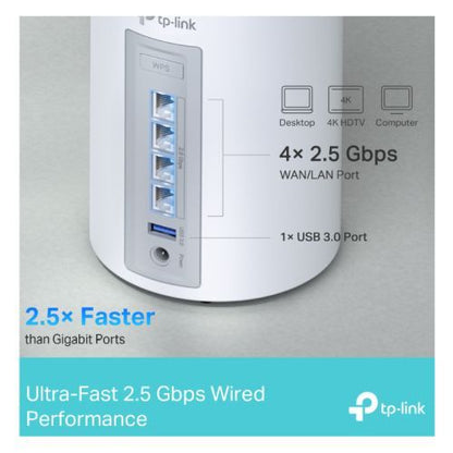 TP-LINK (DECO BE65) BE9300 Tri-Band Whole Home Mesh Wi-Fi 7 System, Single Unit, 4x 2.5G Ports, MLO, Wireless/Wired Combined Backhaul