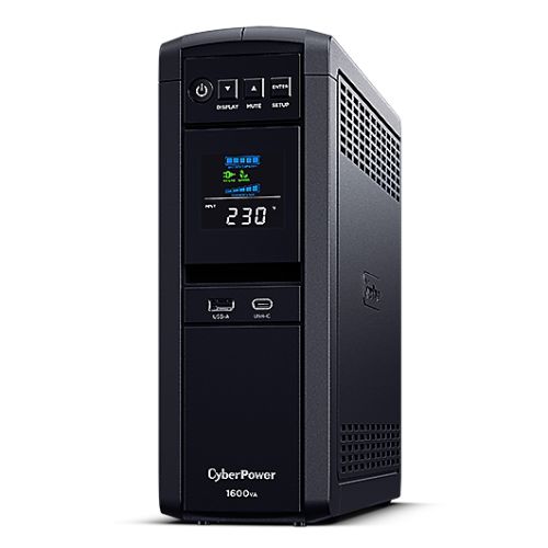 CyberPower PFC Sinewave 1600VA Line Interactive Tower UPS, 1000W, LCD Display, 2x UK Plug, 4x IEC, AVR Energy Saving