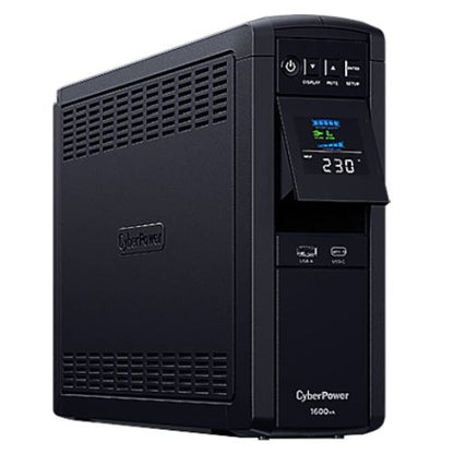 CyberPower PFC Sinewave 1600VA Line Interactive Tower UPS, 1000W, LCD Display, 2x UK Plug, 4x IEC, AVR Energy Saving