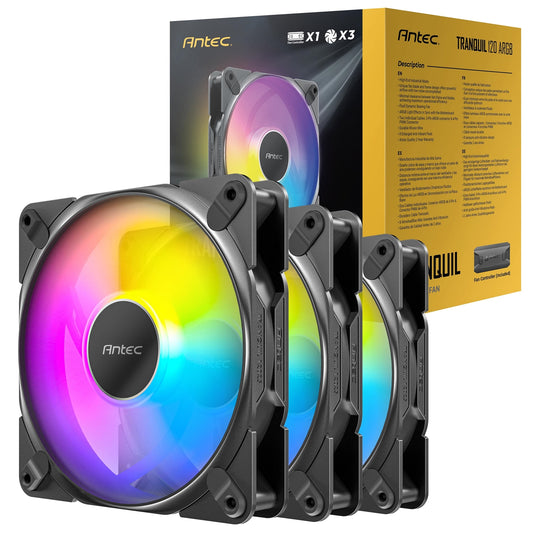 Antec Tranquil 120 ARGB 3-Pack Case Fans with Controller - 120mm High Performance PWM Fans with Addressable RGB Lighting and Fan Control Hub