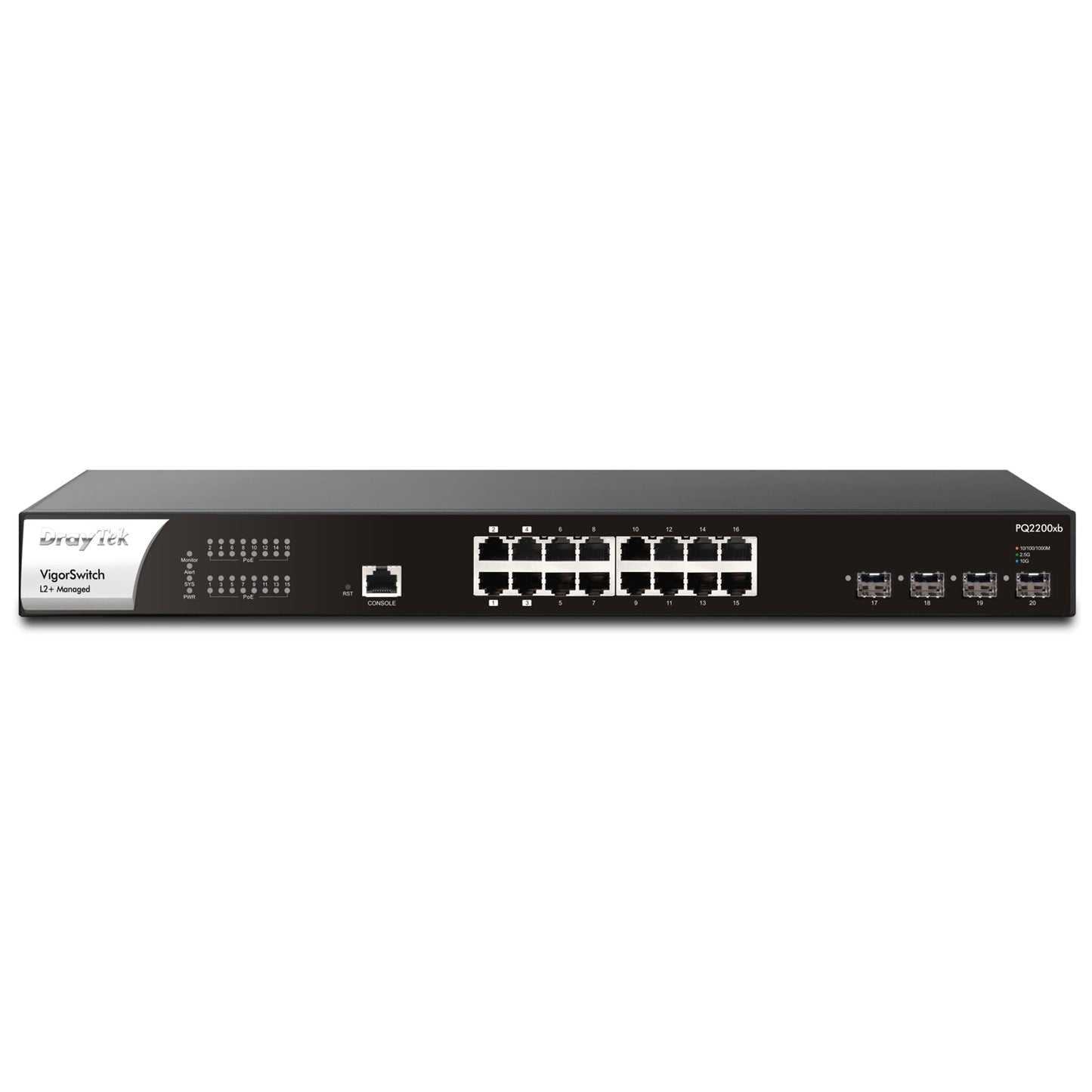 DrayTek VSPQ2200XB-K VigorSwitch PQ2200xb 16 Port 2.5 GbE POE+ Managed Layer 2+ Switch with 4x POE++ Ports and 4x 10GbE SFP+ Ports